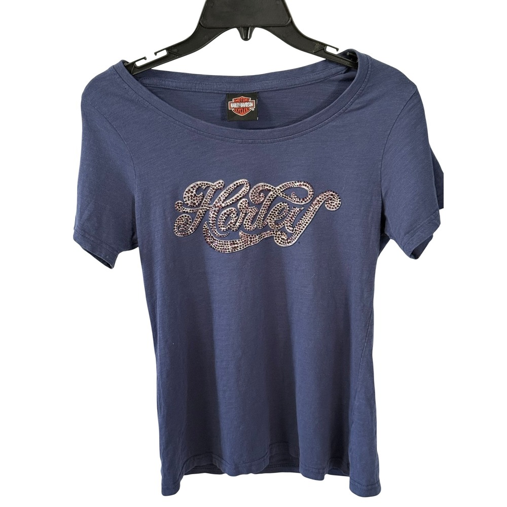 Harley‎ Davidson Womens Blue Bling Rhinestone Logo T-Shirt Ofallon Illinois